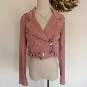💗 NWOT Dusty Rose Pink Faux Suede Belted Moto Biker Jacket